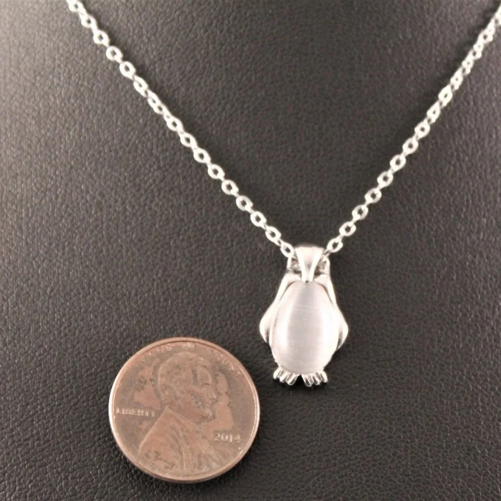 Silver Penguin Pendant Necklace with White Stone