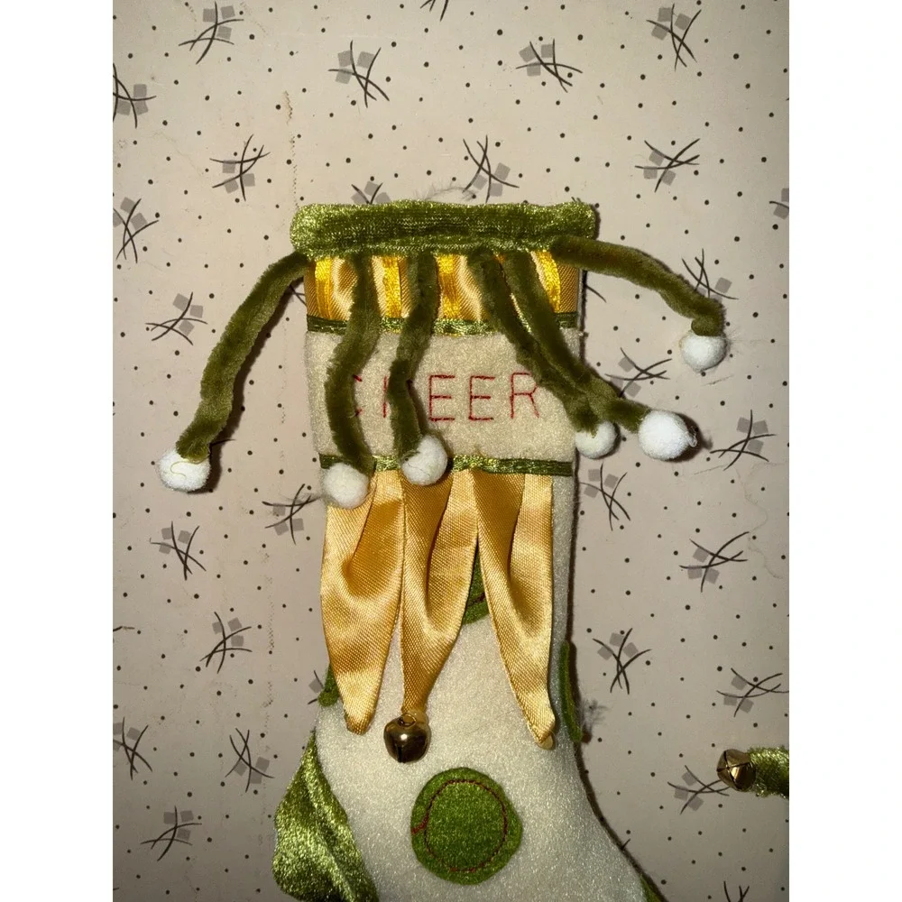 Patience Brewster Krinkles Cheer Christmas Stocking Elf‎ Boot Green Gold Cream