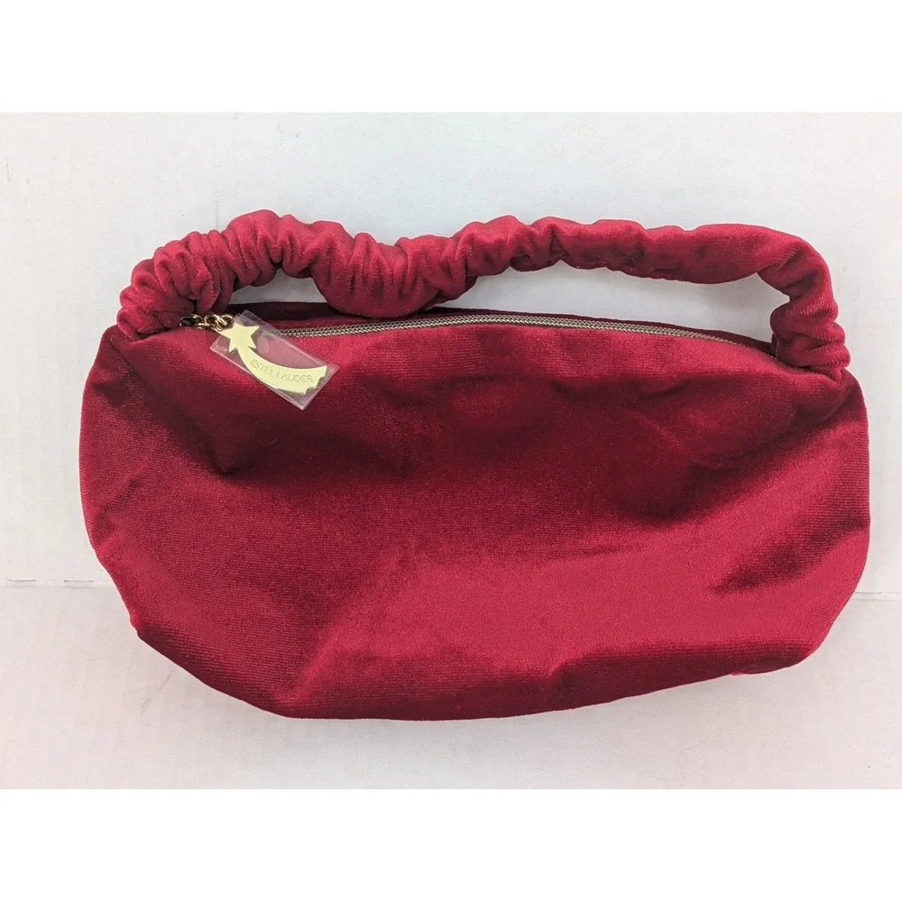 Estee Lauder Cosmetic Bag Red Velvet Ruched Handle‎ Star Zipper Makeup Purse GWP