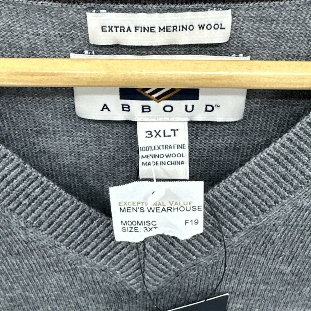 Joseph Abboud Men's 100% Extra Fine‎ Merino Wool Gray V Neck Sweater 3XLT Office
