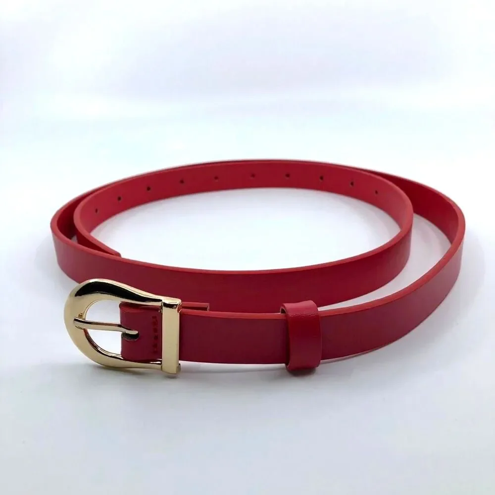 Women's Red Faux Leather Belt w/ Gold Buckle, Fits 34