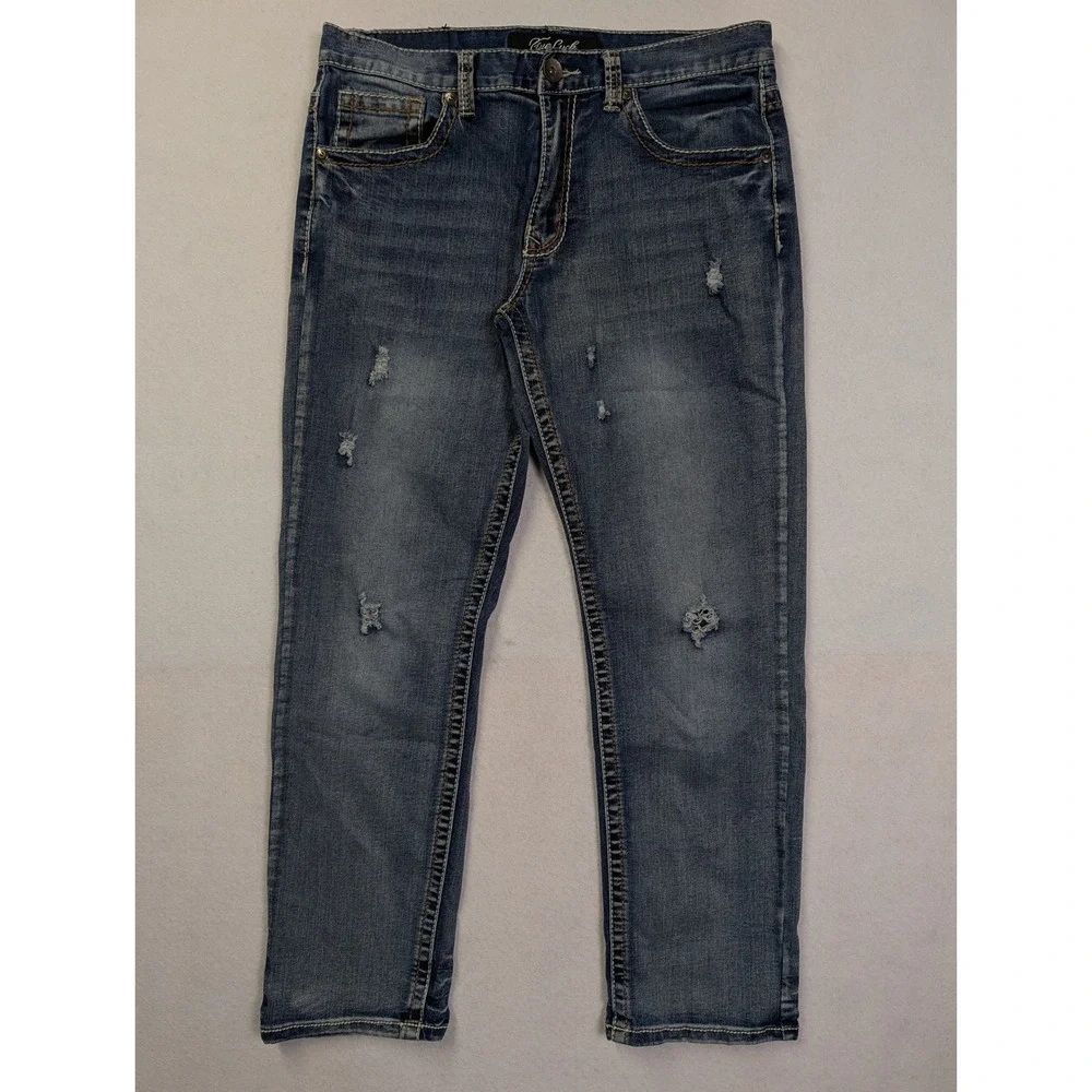 True Luck Mens Straight Leg Jeans 34 / 32 Distressed Embroidered Blue