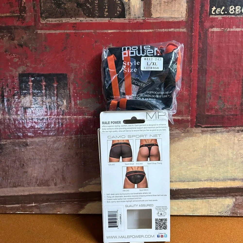 Male Power Camo Sport Net Sport‎ Strap Thong L/XL Black Orange 412-243