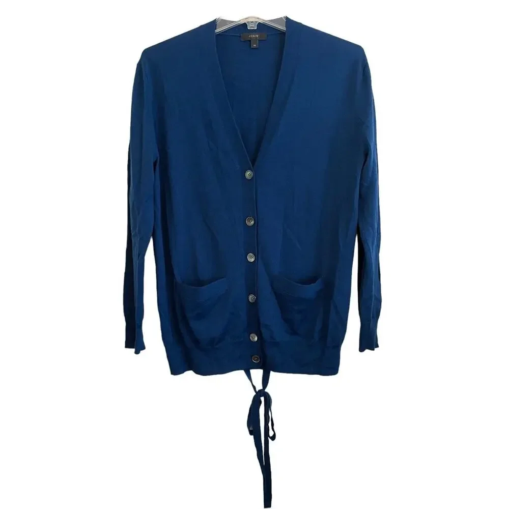 J. Crew Cardigan Sweater Women Size‎ XS Merino Wool Blue Tie Back Lightweight