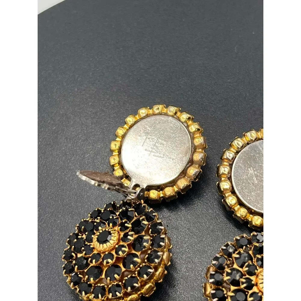 Mistar Bijoux Deadstock 3D Puff‎ Three Drop Dangle Crystal Gold Clip on Earrings