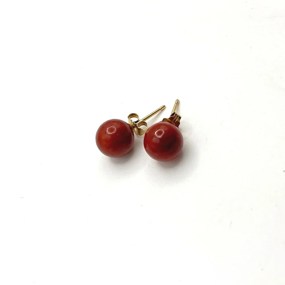 Red Jadeite‎ Jade Bead Stud Earrings 14k Yellow Gold