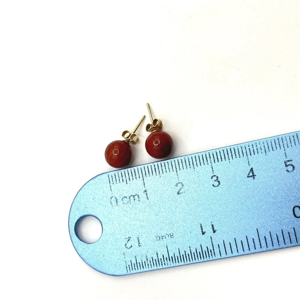 Red Jadeite‎ Jade Bead Stud Earrings 14k Yellow Gold