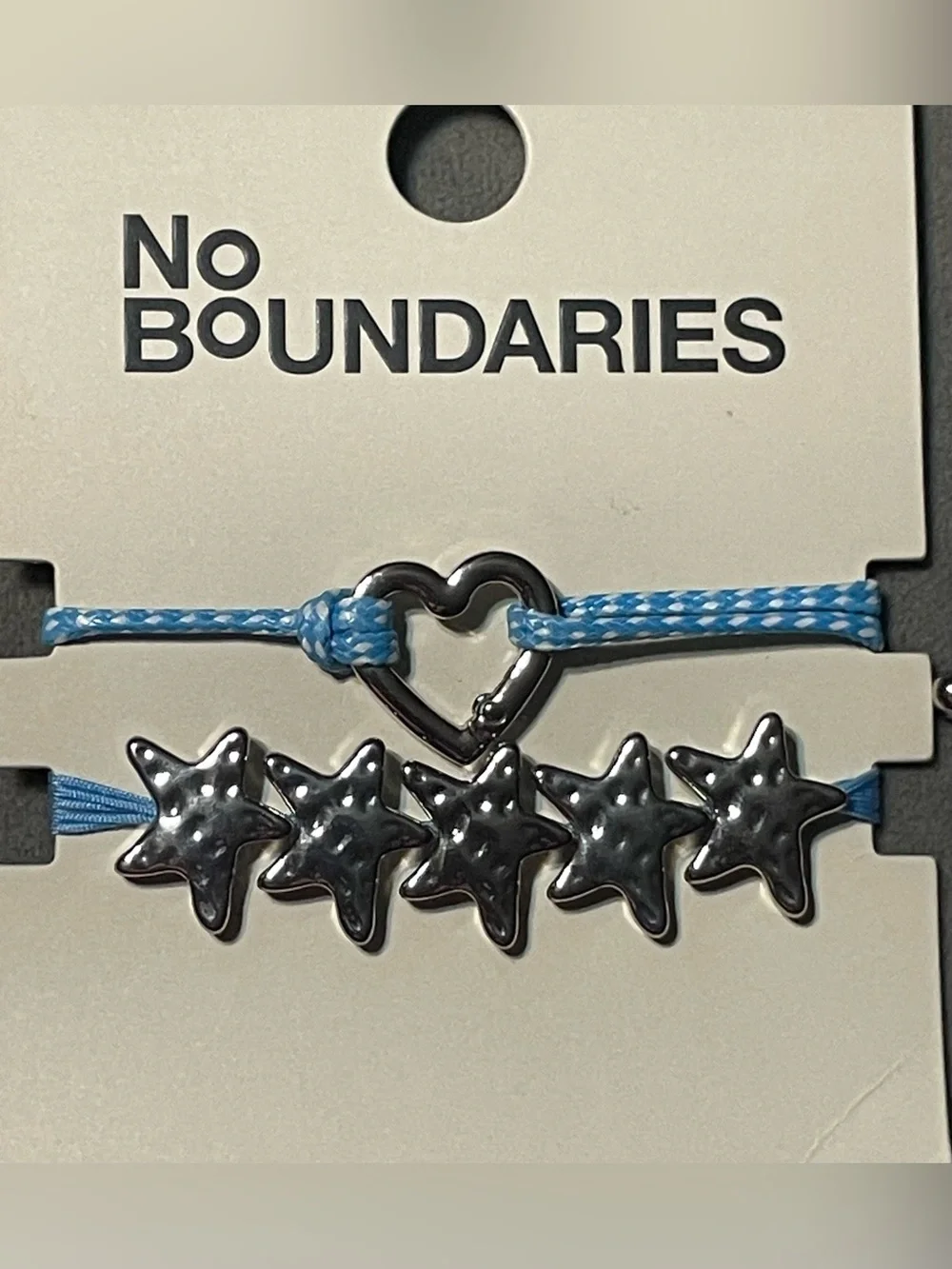 NWT No Boundaries 2 Pc Blue Cord Bracelet Set Silver Tone Heart & Hammered Star