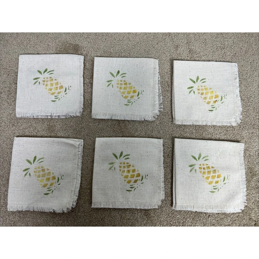 6 VTG Cocktail Napkins 13x13” Beige‎ Stenciled Pineapple Cotton Linen Fringe