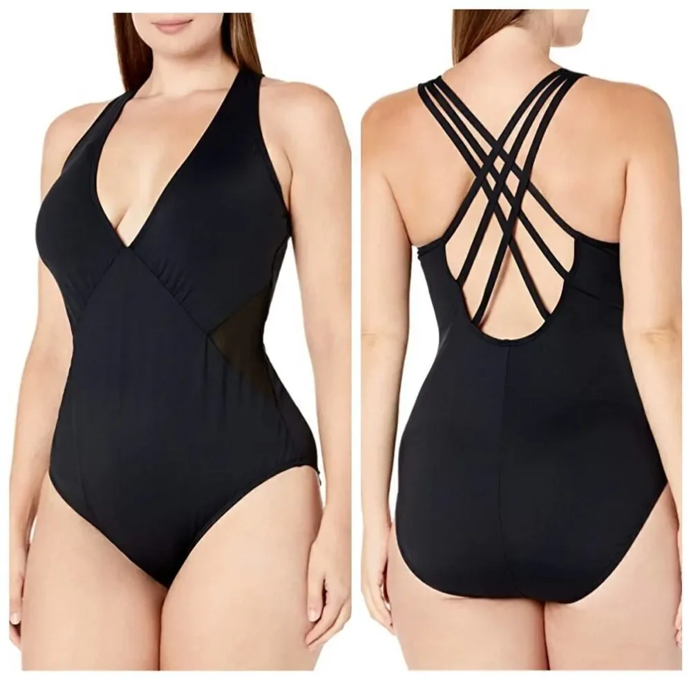 NEW La Blanca Mesh-Merizing Side‎ Mesh Cross-Back Mio One Piece Swimsuits Sz 8