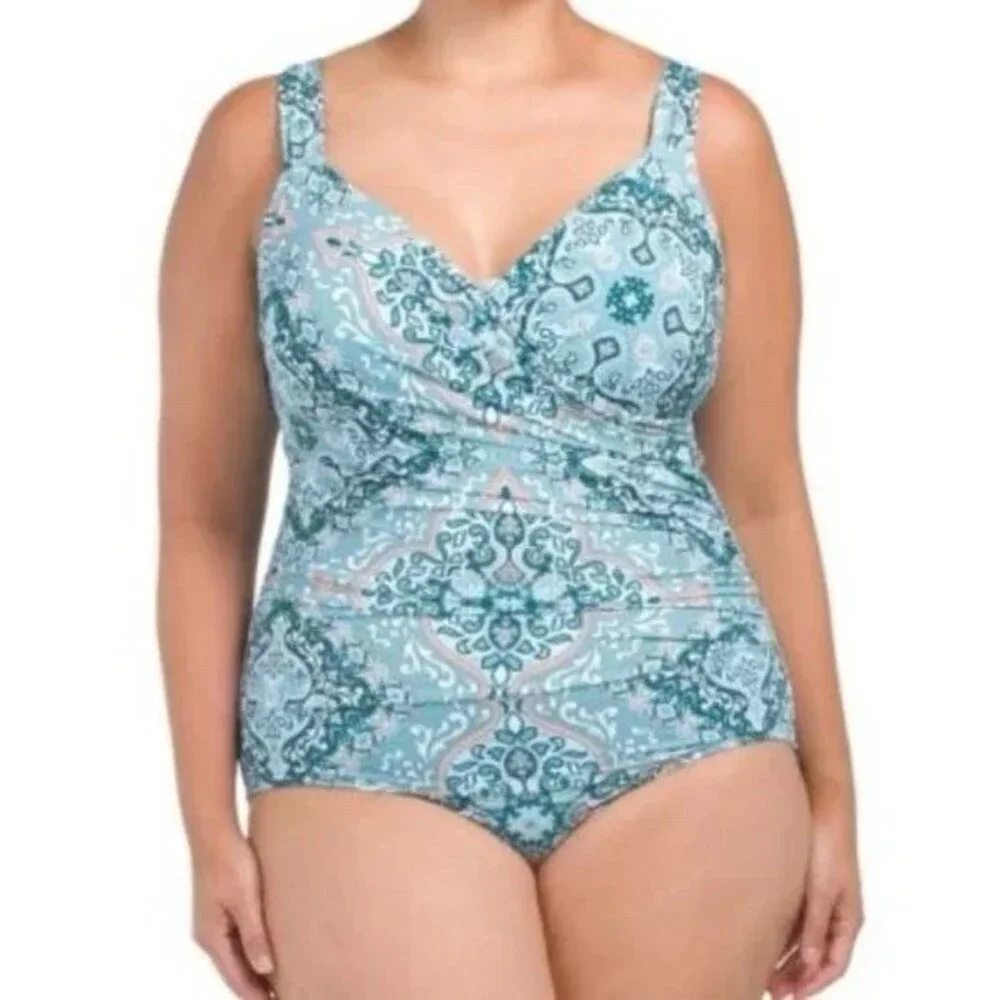 Jantzen Draped Surplice One Piece Bathing Suit Ocean  Floral‎ Stretch NWT 18W