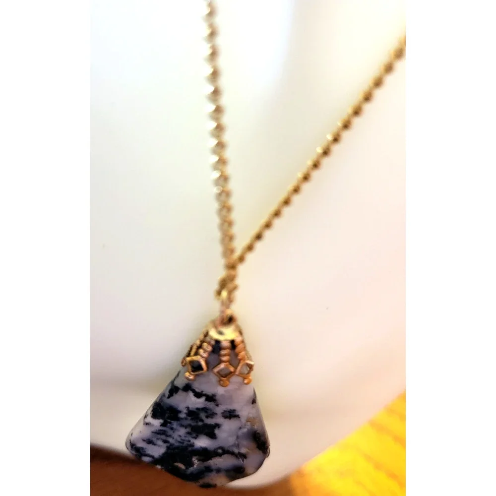 Vtg Estate Black Blue‎ Gemstone Agate Gold Tone Chain Jewelry Necklace Handmade