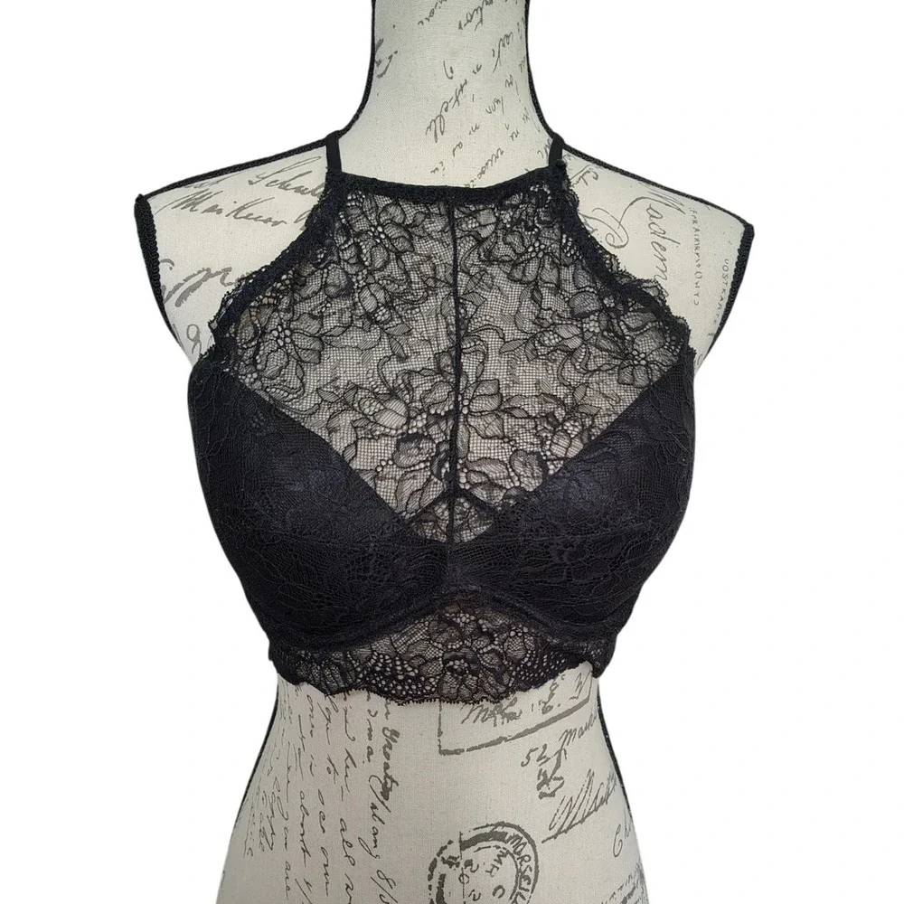 Xoxo Black Lace High Neck Halter Bralette 36C Racer Back Goth Grunge Festival