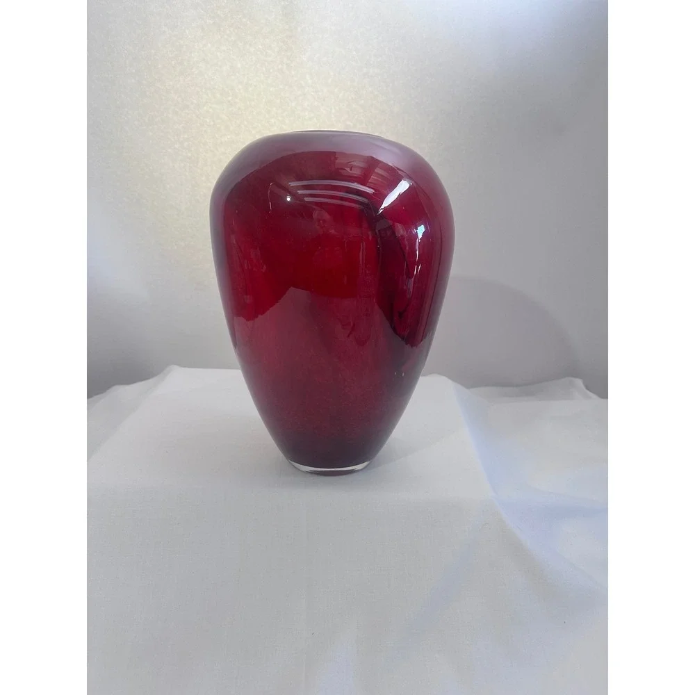Red Art Glass Bulbus‎ Vase Black Swirls Pontil Finish Tall Wide