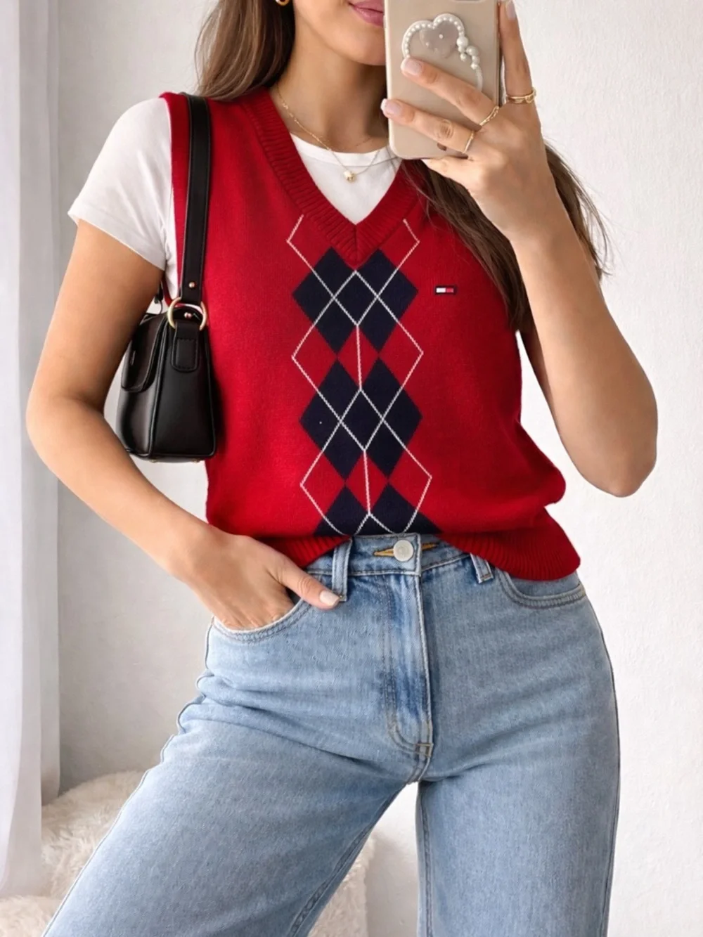 Tommy Hilfiger Red Argyle Sweater Vest Men’s / Women’s Preppy Y2K Oversized 🔥