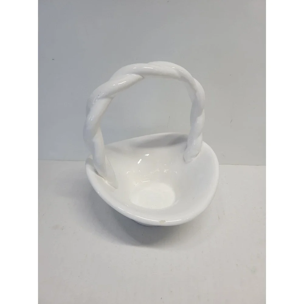 Vintage White Ceramic Woven Basket with Twisted Rope Handle Glossy Finish‎