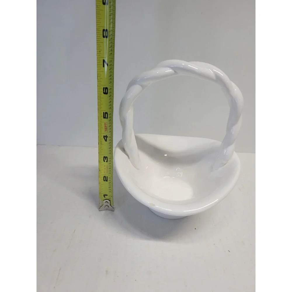 Vintage White Ceramic Woven Basket with Twisted Rope Handle Glossy Finish‎