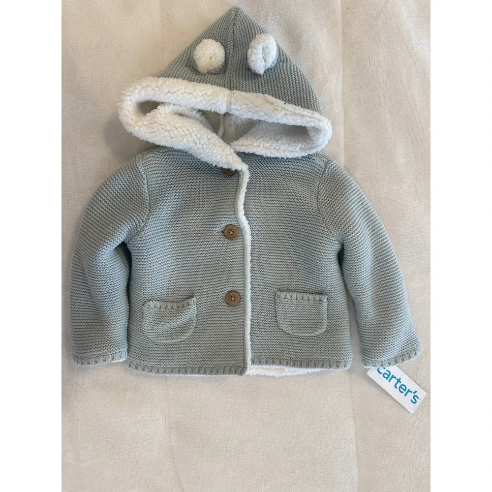 Carters Baby Gray Knit Hooded Cardigan Sweater Pom Pom Pockets New‎ 9M