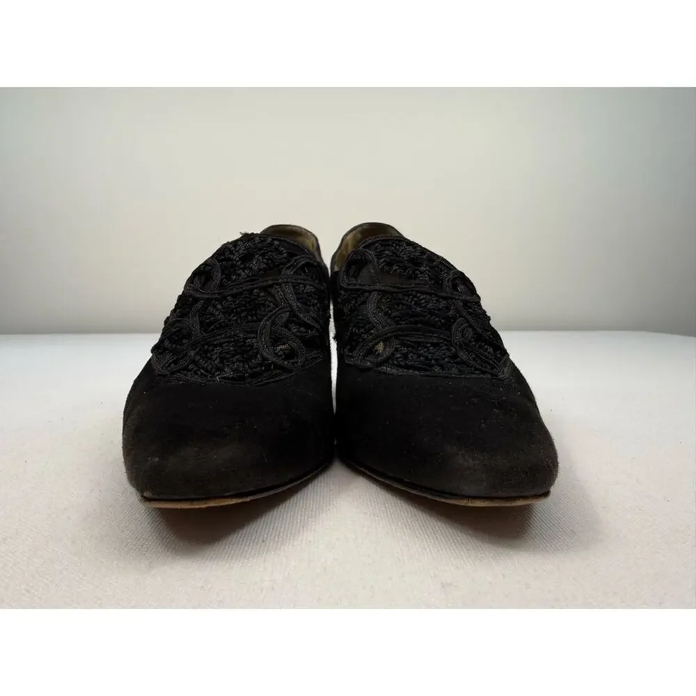 Sesto Meucci Black Suede‎ Pumps Embroidered Mesh Vamp Vintage 90s Womens Size 7