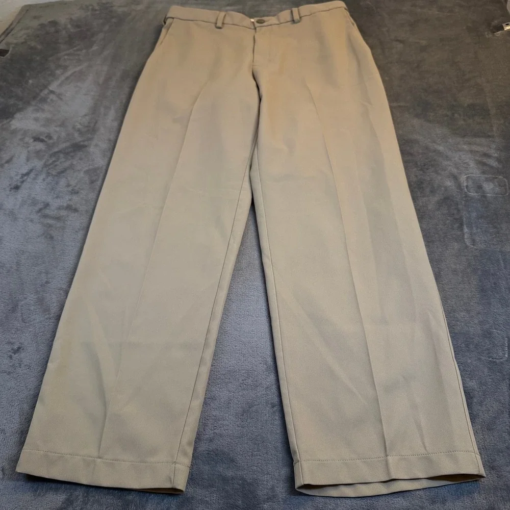 Haggar Tan Khaki Flat Front Dress Pants Straight Leg Polyester Slacks Mens 32x29