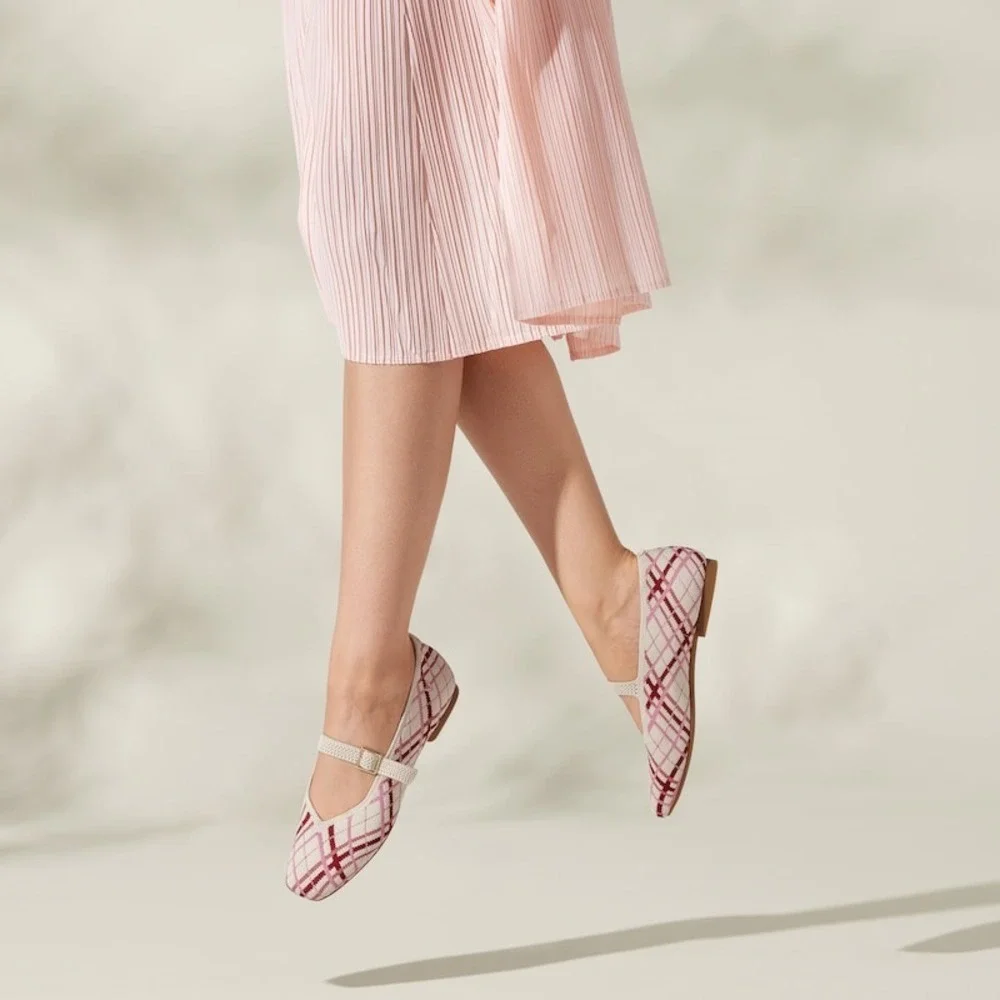 VIVAIA Square Toe Knit  Flats Pink Plaid Buckle Strap Shoes size‎ EU/41 US/9.5