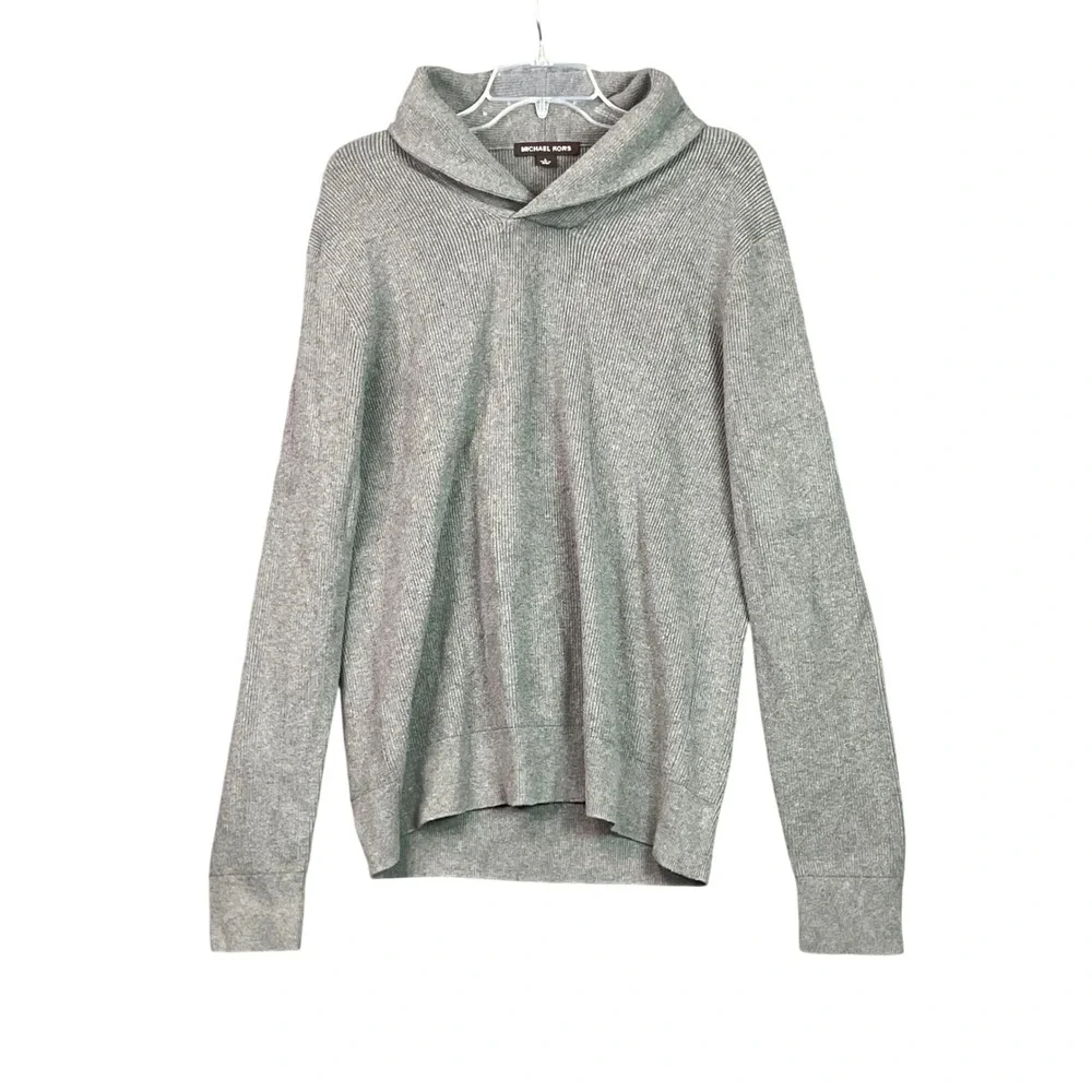 Michael Kors Shawl Collar Sweater Womens Large Grey Ribbed Knit Pullover Cotton