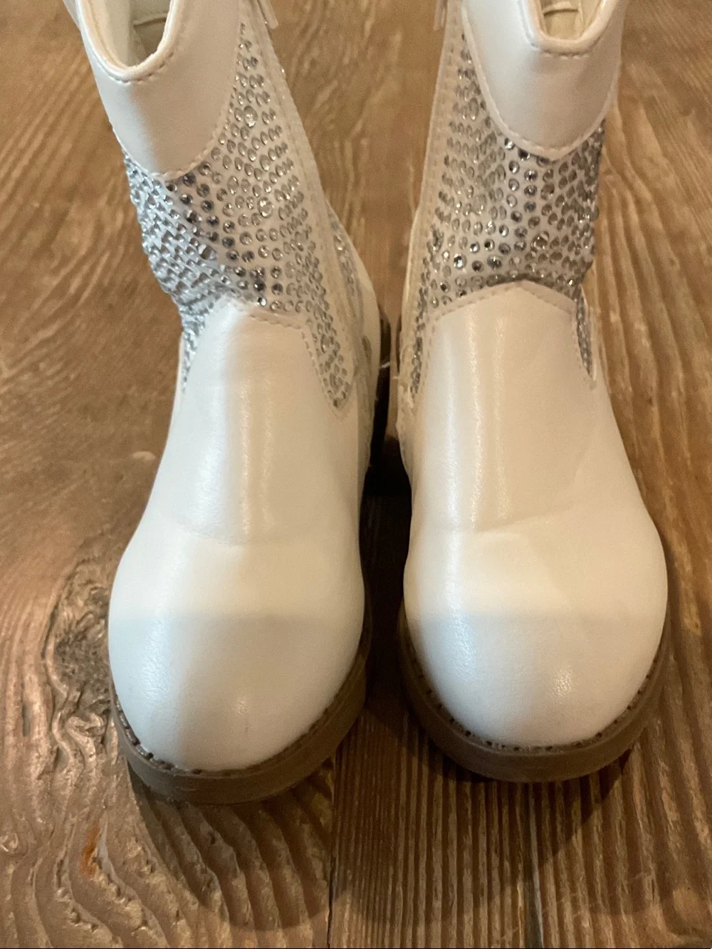 Girls White Rhinestone Pull-On Boots with Side Zipper