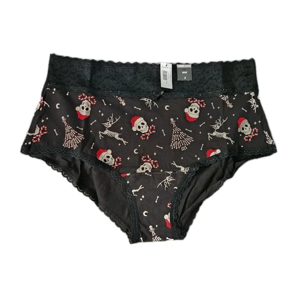 NWT TORRID Curve Sexy Brief Pantie 2X Black Lace Jersey Santa Skulls Candy Cane‎