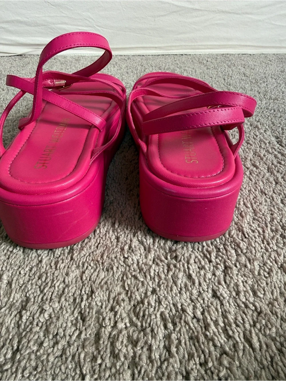 Stuart Weitzman Hot Pink Strappy Platform Sandals gold metal buckles