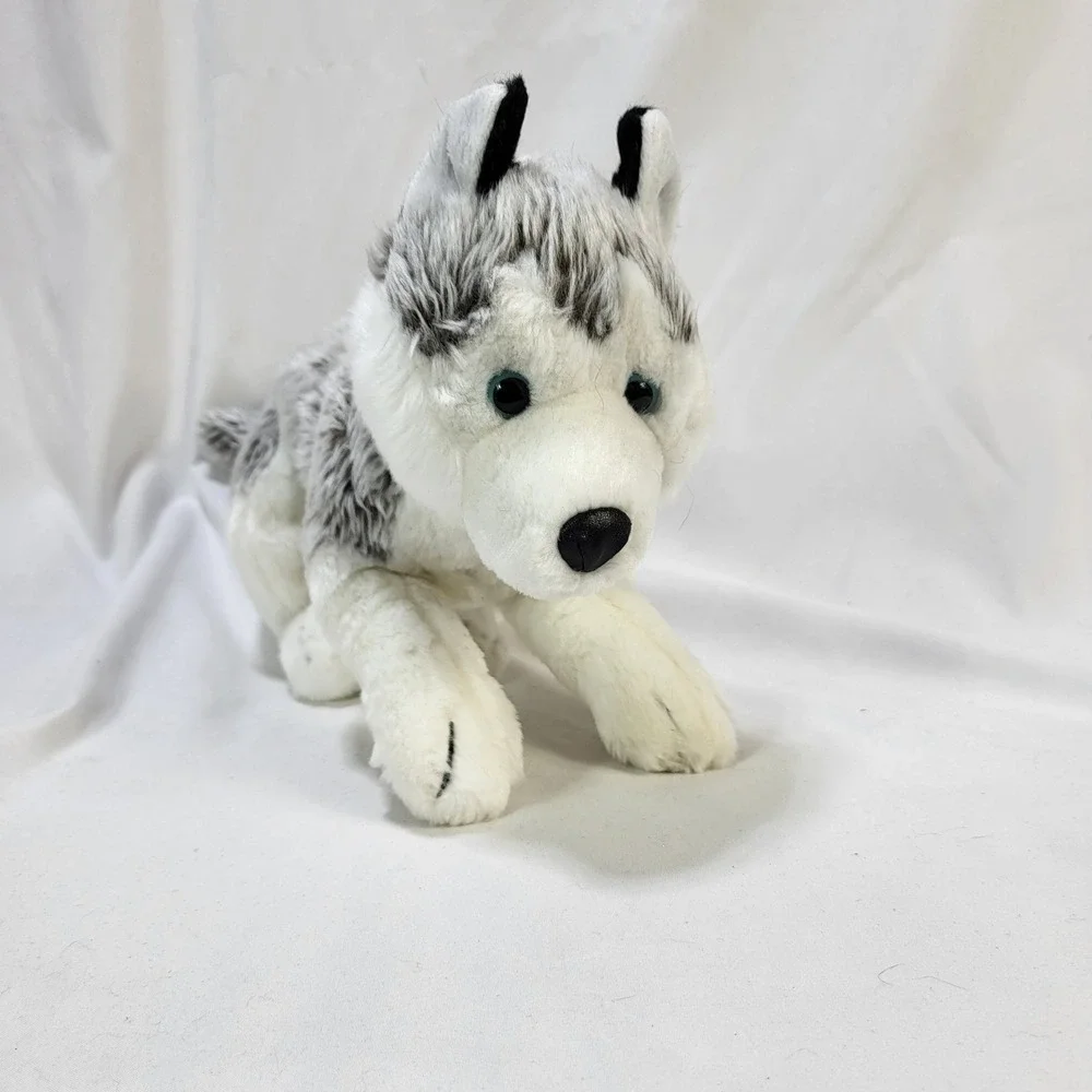 Toys R Us Siberian Husky Floppy Plush Grey White Sled Dog Laying Stuffed Animal