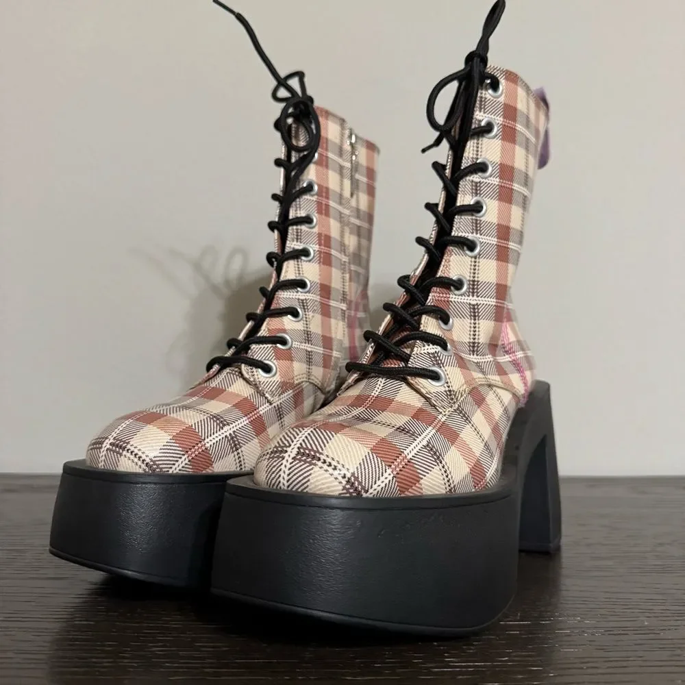 Larroude‎ Plaid Patent Leather Chunky Heel Platform Combat Boot Size 8