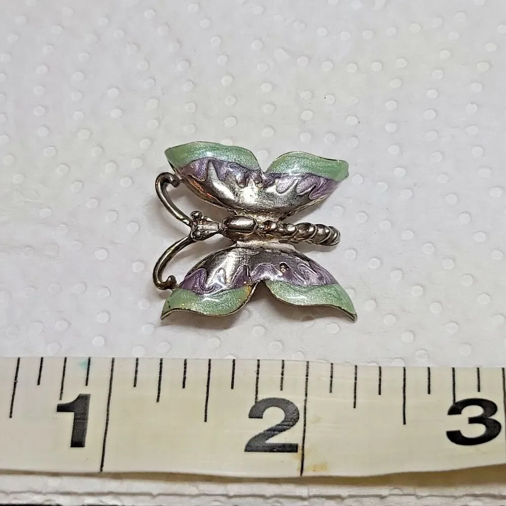 Vintage Purple Green Shimmer Enamel Butterfly Silver Tone Brooch Pin