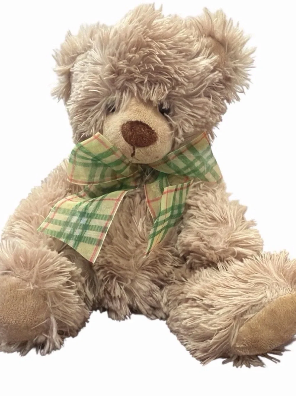First & Main Plush Beige Teddy Bear with Green Plaid Bow - Soft Kids Toy