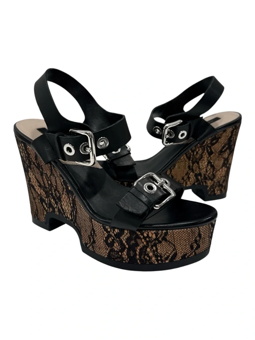 Zara Black  Lace-Print Wedge Sandals - Women's Platform Heels size 36 US 5.5