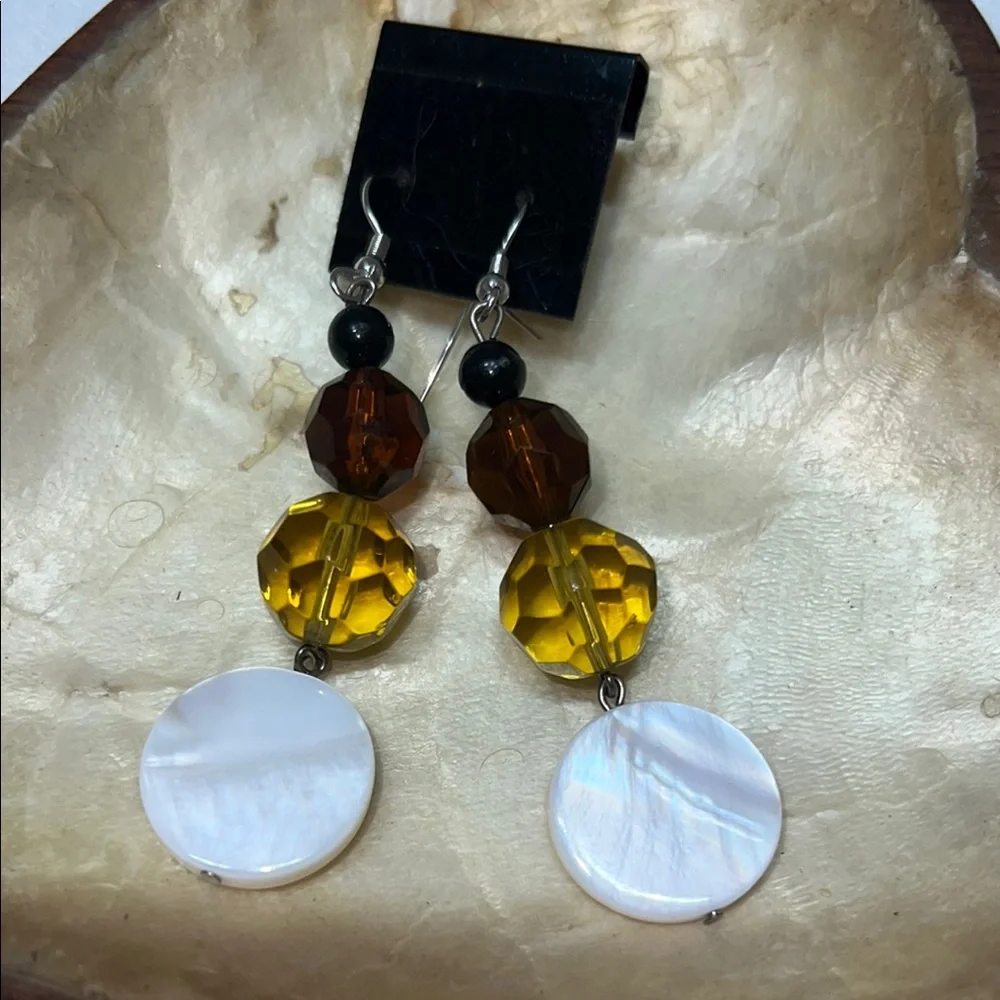 Elegant Glass & mother of‎ Pearl& Brown Dangle Earrings