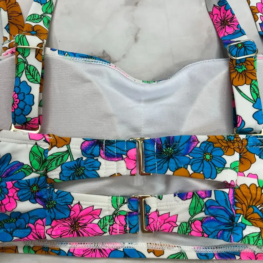 California Waves Wallpaper Floral Bandeau Bikini Top Size 1X Multi Straps New