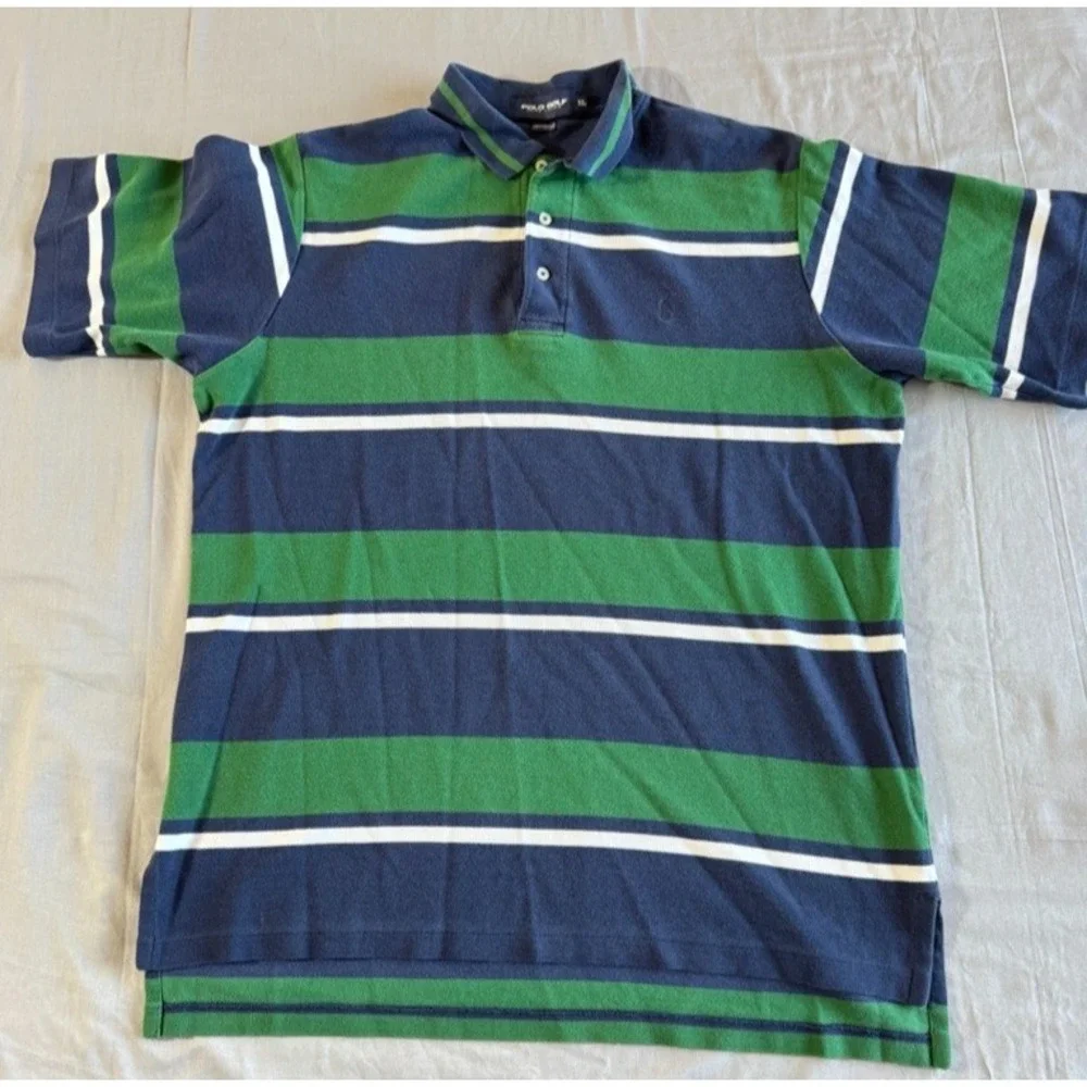 Polo Golf Ralph‎ Lauren Shirt XL Mens Short Sleeve Cotton Wide Strips Blue Green