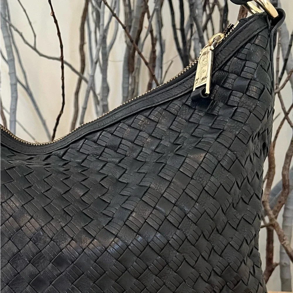 Cole Haan Avery Heritage Weave Black Leather Large Hobo with Hoof Pick Detail