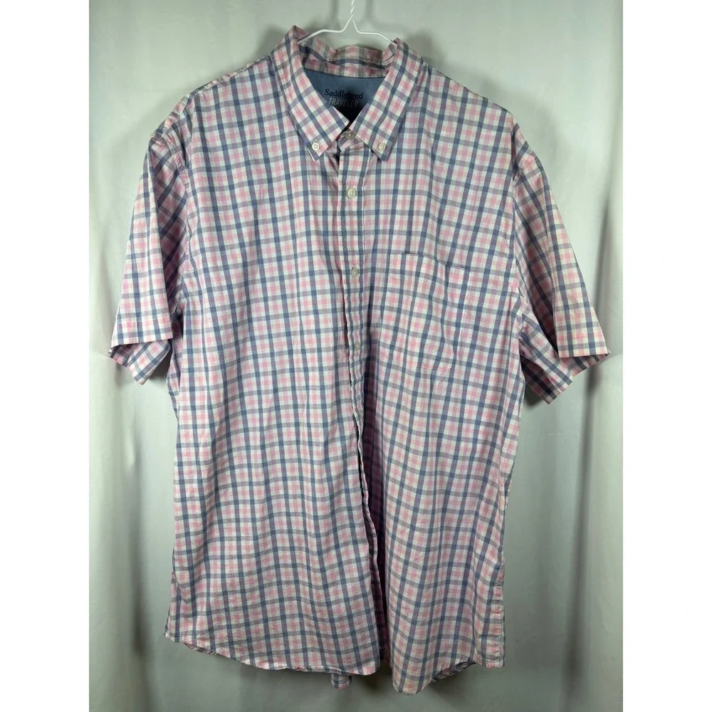 Saddlebred Traveler Mens X-Large Pink Plaid Short Sleeve‎ Button Up Shirt