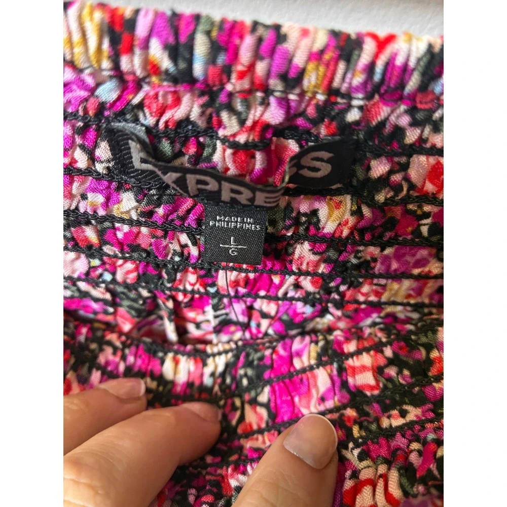 Express Floral Smocked Mini Skirt Pink Red Purple Rayon Pockets Large NWT