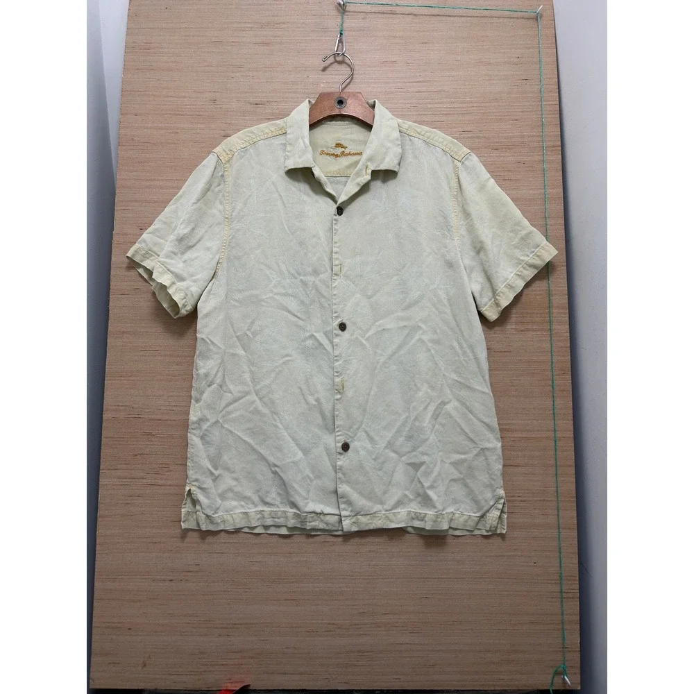 Tommy Bahama Mens Short Sleeve Silk Blend Tropical Jacquard Camp Shirt Yellow‎