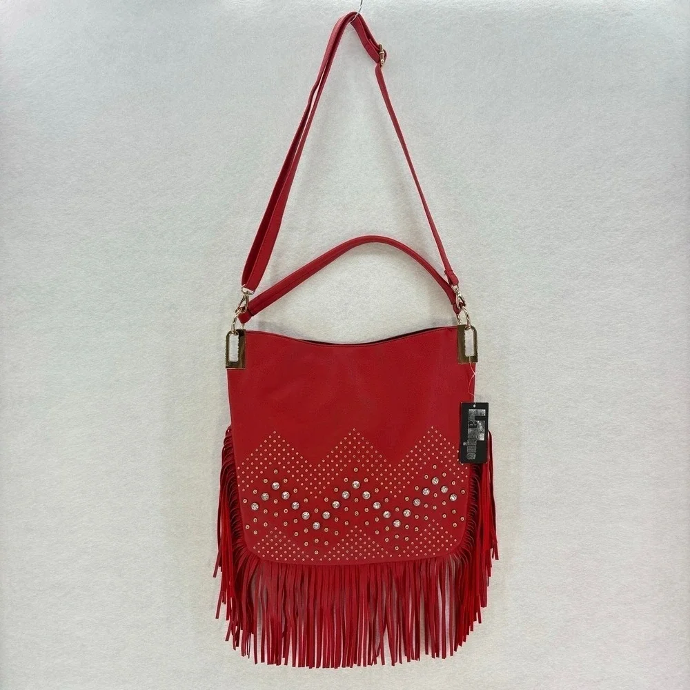 LaTique Red Studded Fringe Hobo Bag Vegan Leather Boho Western Festival Cowgirl