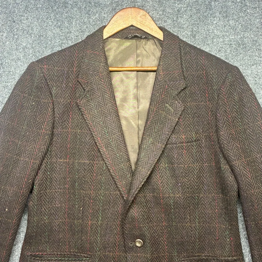 Vintage Oakton Ltd Blazer Mens 42R Brown Wool Herringbone Windowpane Sport Coat