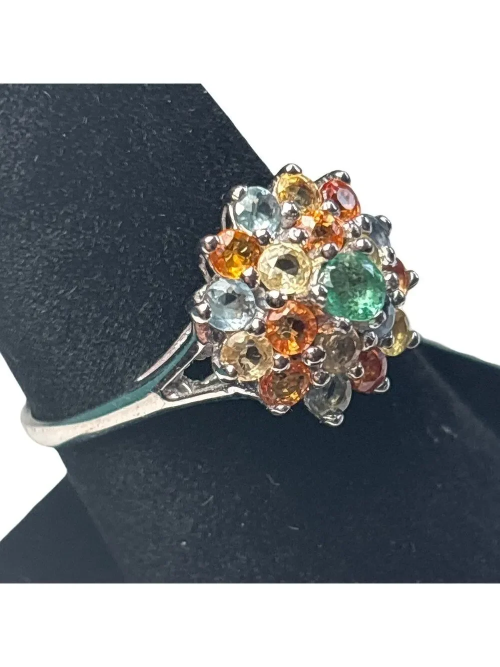 Multicolor Gemstone Cluster Ring Sapphire & Tourmaline 925 sterling silver 7