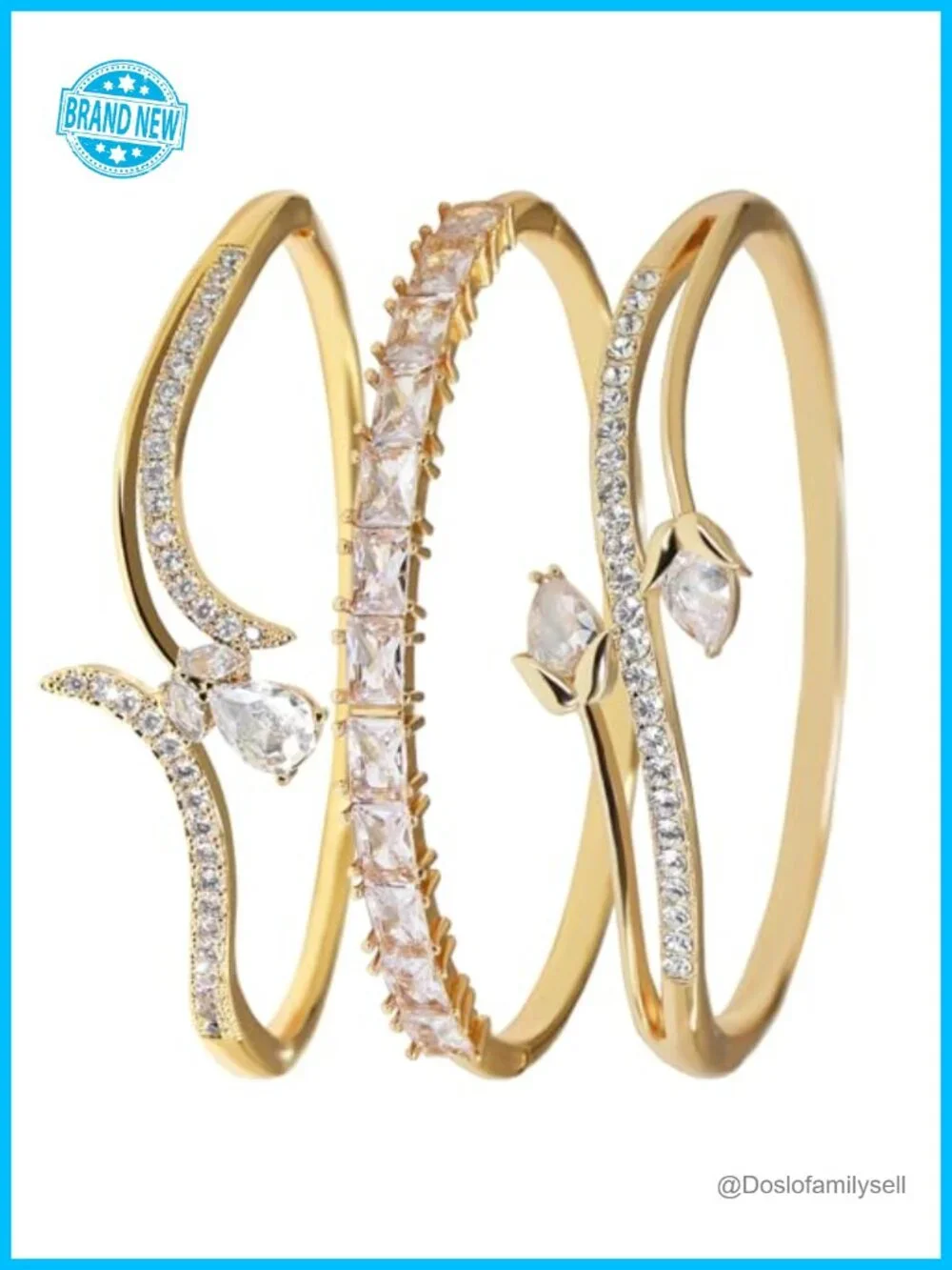 3 Pack 18K Gold Plated Bangle Bracelet Set for Women, Cubic Zirconia, Vintage