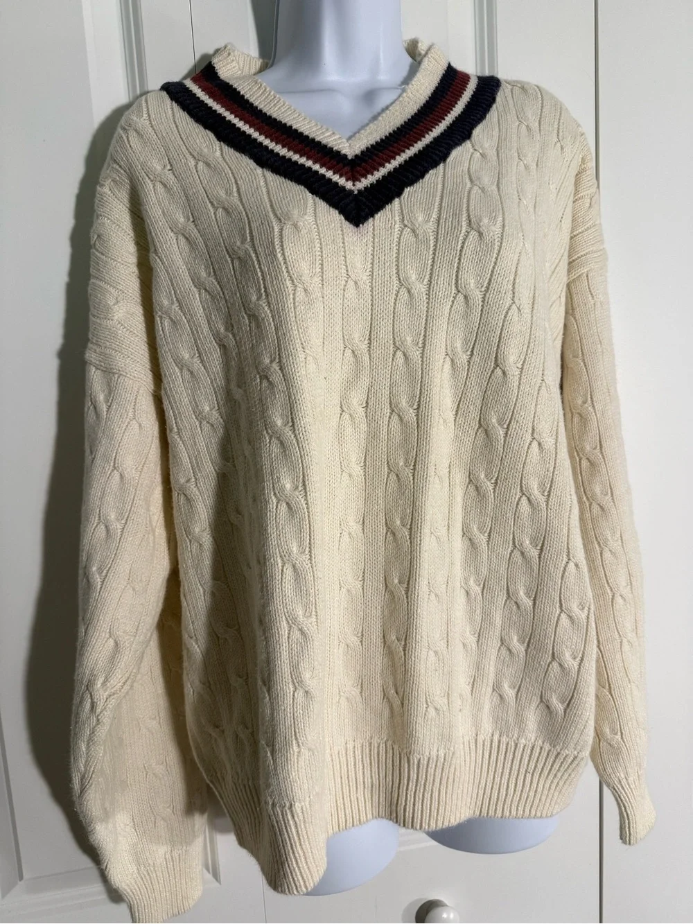 Classic Men's V-Neck Cable Knit Sweater in Cream with Navy & Maroon Trim