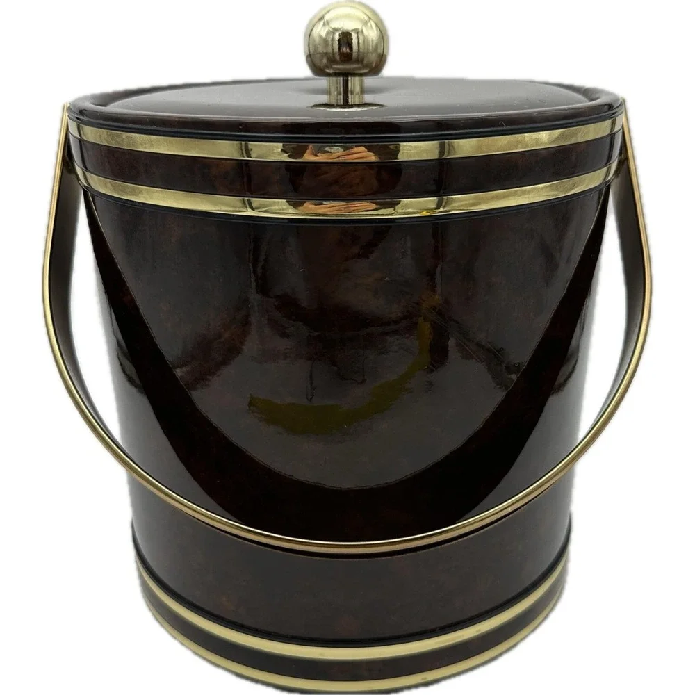 Vtg  MCM Faux Tortoise Shell Brown Marbled Vinyl Padded Ice Bucket‎ Handle Core