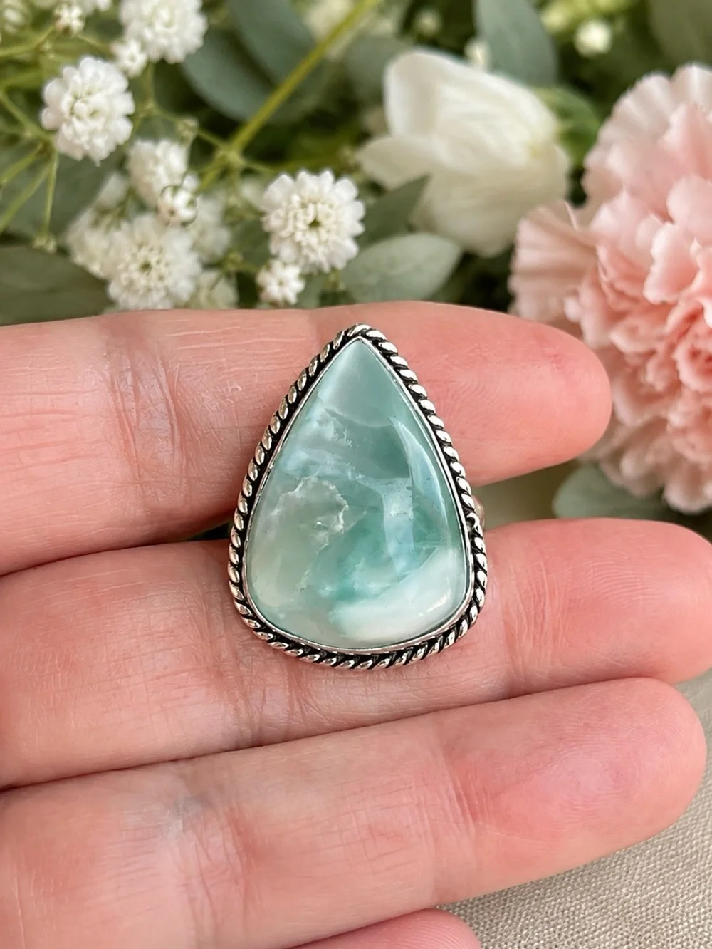Teardrop Natural Larimar Sterling Silver Ring Sz 9