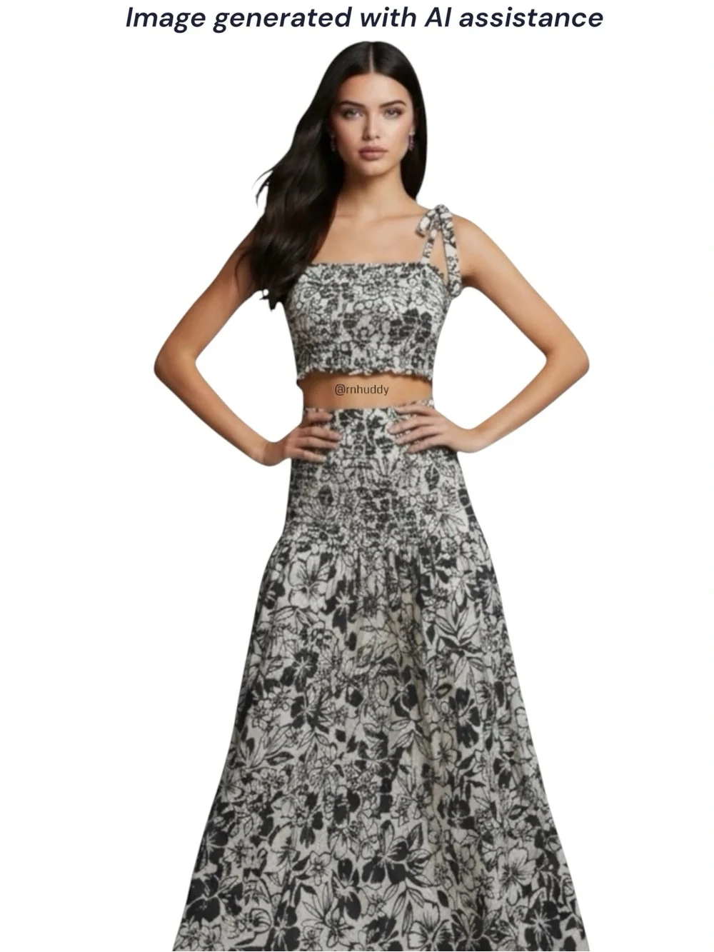 American Eagle black/white floral smocked crop top & skirt set