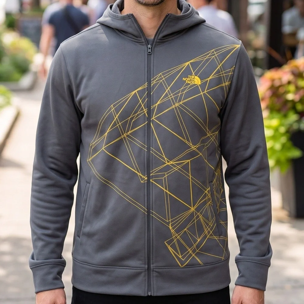 The North Face Mens Full Zip Hoodie Gray Yellow Geometric Graphic Fleece XL